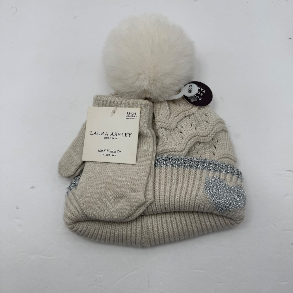 Laura Ashley Hat & Mittens Set Girls 12-24M Beige Silver Heart Pom Beanie NWT